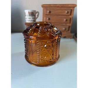 Vintage Amber Indiana Glass Fairy Lamp Shade stars and bars Pressed Glass Topper